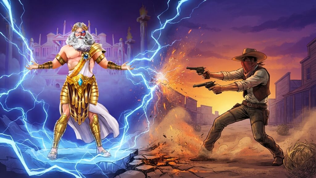 Zeus from Gates of Olympus facing off against a gunslinger cowboy in an epic showdown illustration for lifeofluck.com