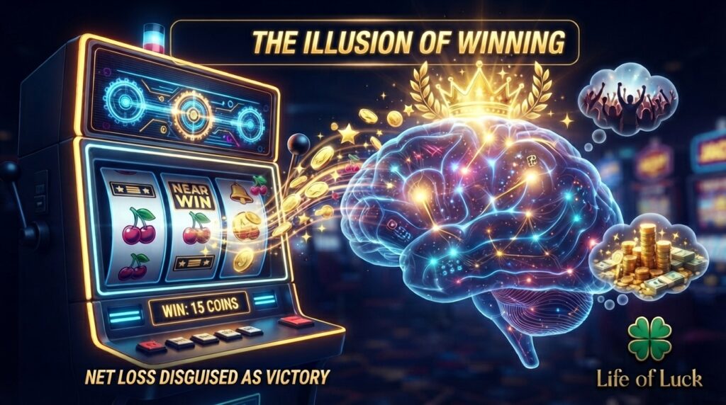 Detailed illustration of slot machine psychology showing a luminous human brain receiving coins and symbols, with "THE ILLUSION OF WINNING" text above and "NET LOSS DISGUISED AS VICTORY" text below. Features the Life of Luck clover logo.
