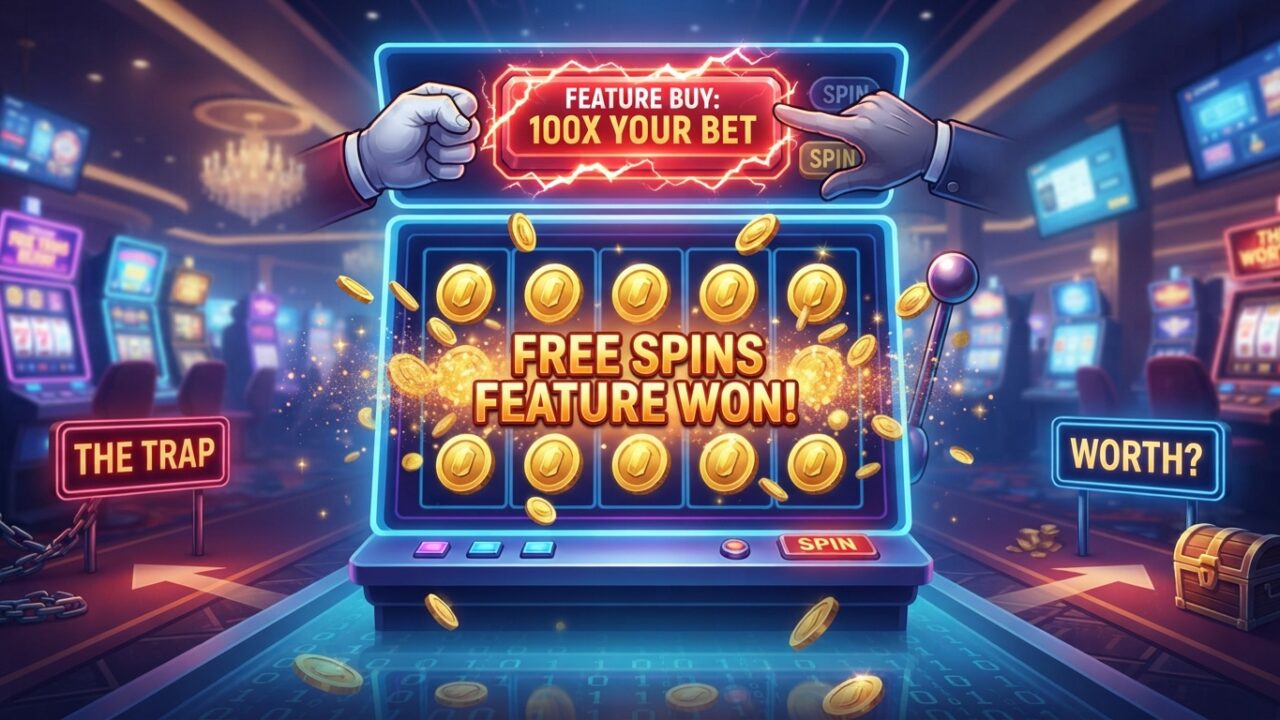 A neon lit slot machine screen displaying 'FREE SPINS FEATURE WON!' with glowing coins and a prominent 'FEATURE BUY: 100X YOUR BET' button. Two hands approach the button, one symbolizing 'THE TRAP' with chains and one 'WORTH?' with a treasure chest.