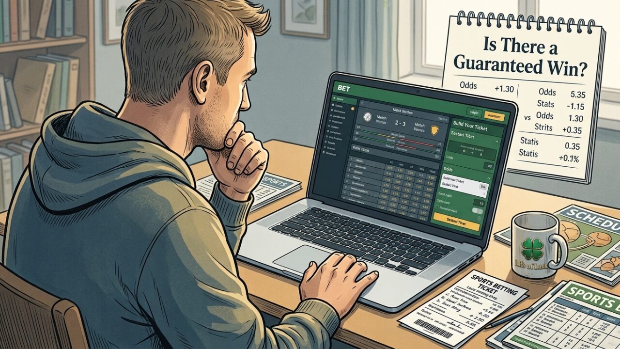 Illustration of a man analyzing sports betting odds on a laptop with the question Is There a Guaranteed Win