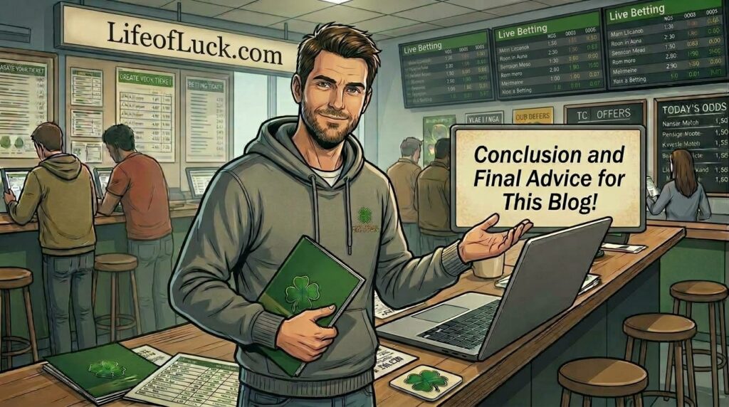 Illustration of a man smiling in a LifeOfLuck sports betting shop, pointing to a screen displaying Conclusion and Final Advice for This Blog!