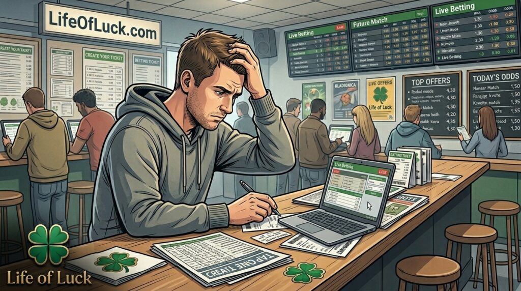 Detailed illustration of a pensive man in a grey hoodie looking at a laptop and documents in a busy sports betting shop named LifeOfLuck.com, surrounded by odds screens and other customers.