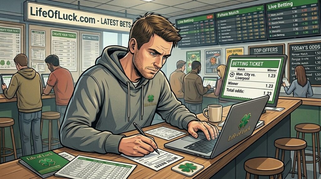 A man in a hoodie analyses sports betting odds and fills out a ticket at a bar in a 'LifeOfLuck.com' betting cafe, surrounded by screens showing live match statistics and other customers.