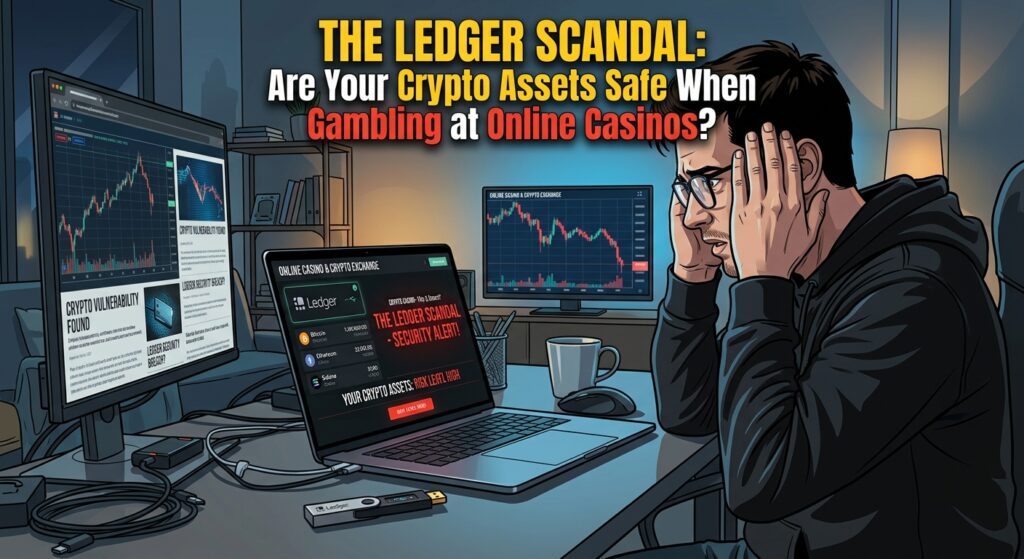 Illustration of a stressed user at a computer screen showing the title The Ledger Scandal: Are Your Crypto Assets Safe When Gambling at Online Casinos?