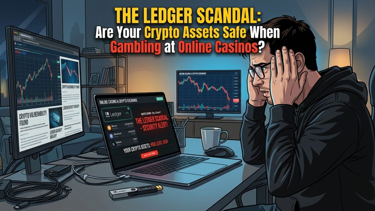 Illustration of a stressed user at a computer screen showing the title The Ledger Scandal: Are Your Crypto Assets Safe When Gambling at Online Casinos?