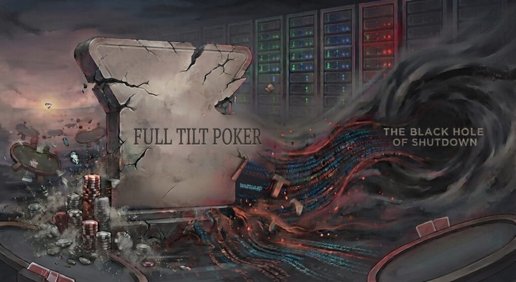 A detailed digital illustration depicting the shutdown of the online poker site Full Tilt Poker. A large, fractured stone monument with the etched text 'FULL TILT POKER' is crumbling, with data streams and poker chips being drawn into a dark, swirling black hole. Server racks are visible in the background, and floating poker tables drift in the distance. This image symbolizes the platform's closure.