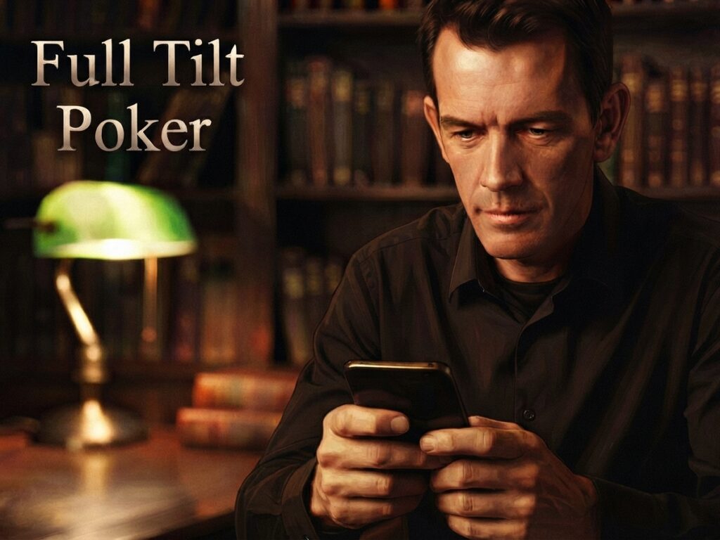 A man in a dimly lit study with a vintage green banker lamp, intensely focused on a smartphone, with the Full Tilt Poker.com logo in the top left corner.