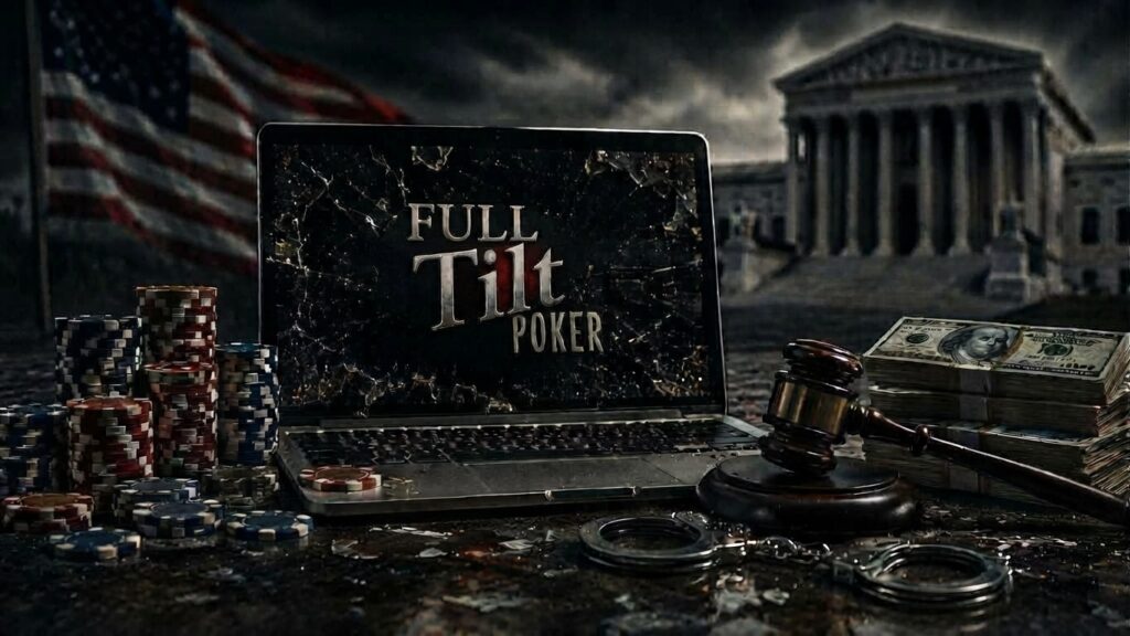 A high-quality photo of a black tablet computer against a dark, reflective background. The tablet screen displays the Full Tilt Poker Rush Poker software lobby and a live, six-max poker table with avatars and cards. Below the tablet, the words 'Rush Poker' are rendered in a large, metallic, 3D font.