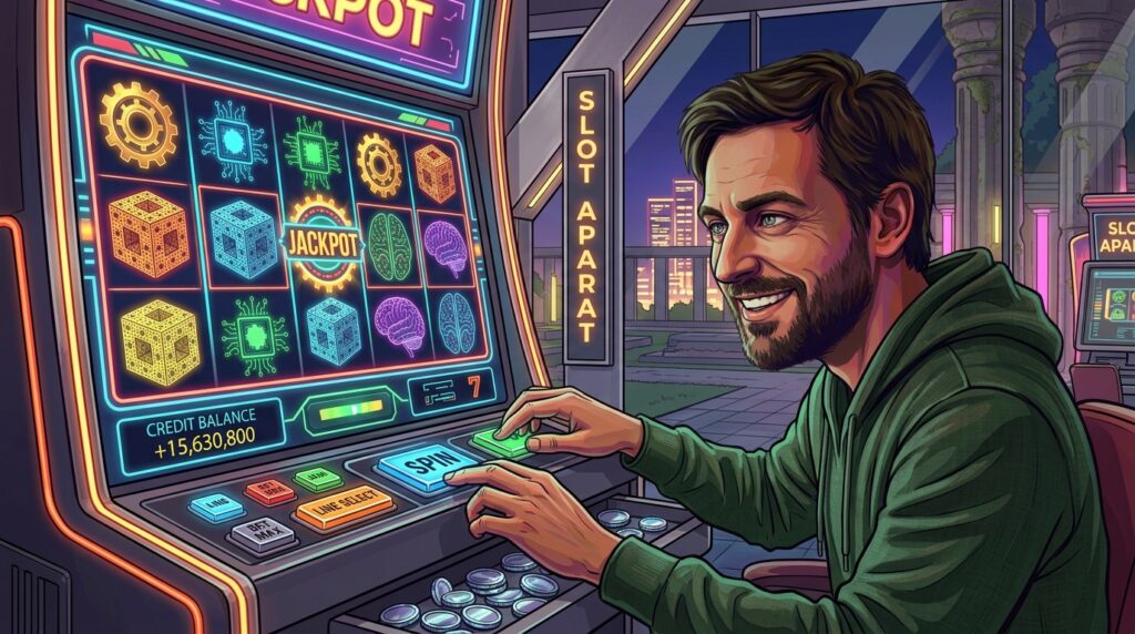A dark vector illustration of a man in a green hoodie smiling calmly while carefully playing a slot machine, representing disciplined gambling and self-control.