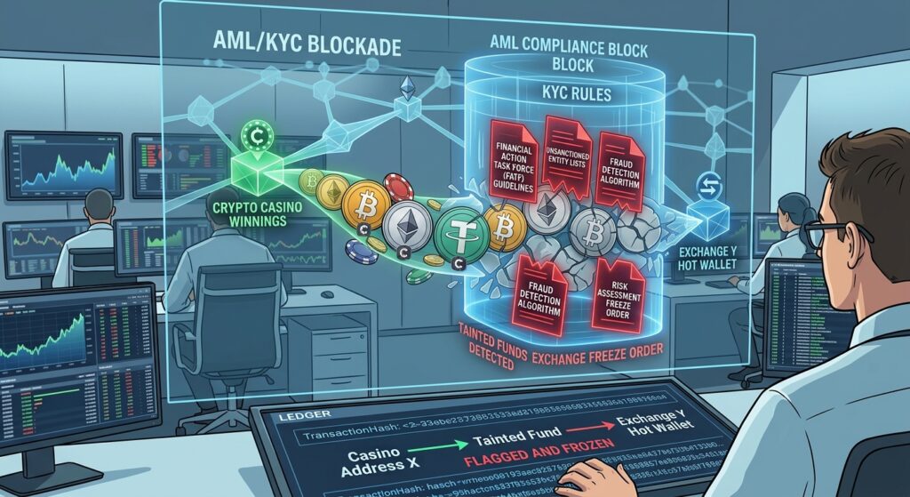 Illustration of a crypto compliance monitoring screen freezing casino funds due to AML KYC blockades and risk detection algorithms.