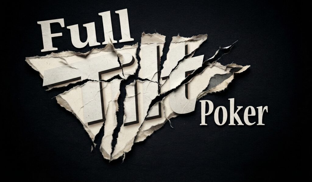 The words "Full Tilt Poker" rendered as torn and shredded paper fragments, with "Full" above and "Poker" to the right, creating a dramatic, distressed logo effect on a dark black background.