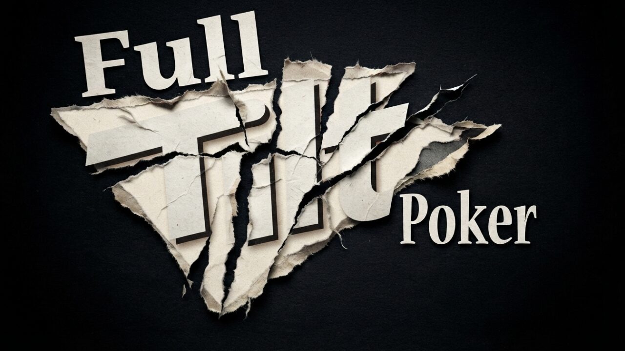 The words "Full Tilt Poker" rendered as torn and shredded paper fragments, with "Full" above and "Poker" to the right, creating a dramatic, distressed logo effect on a dark black background.