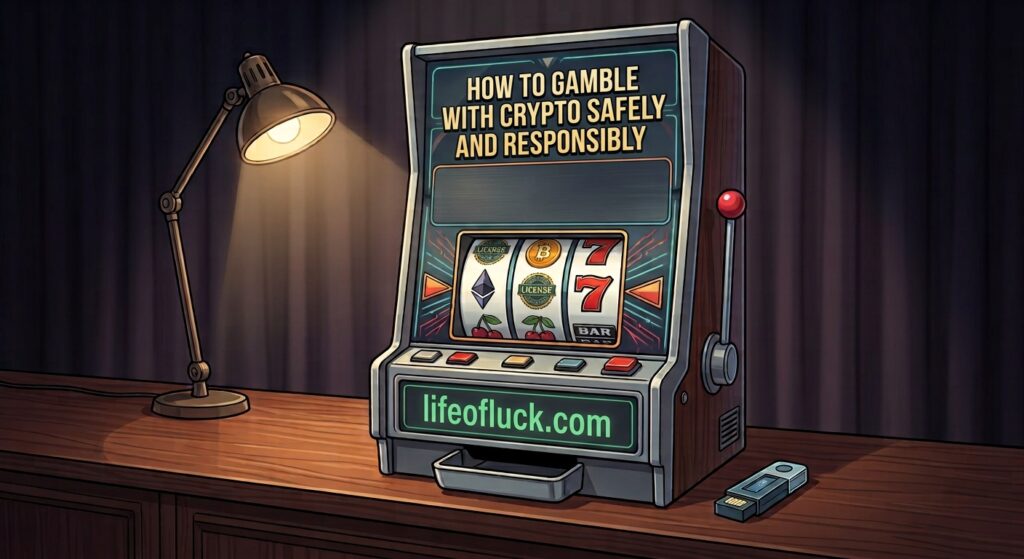 Slot machine displaying How to Gamble with Crypto Safely and Responsibly headline with lifeofluck.com branding on a wooden desk.