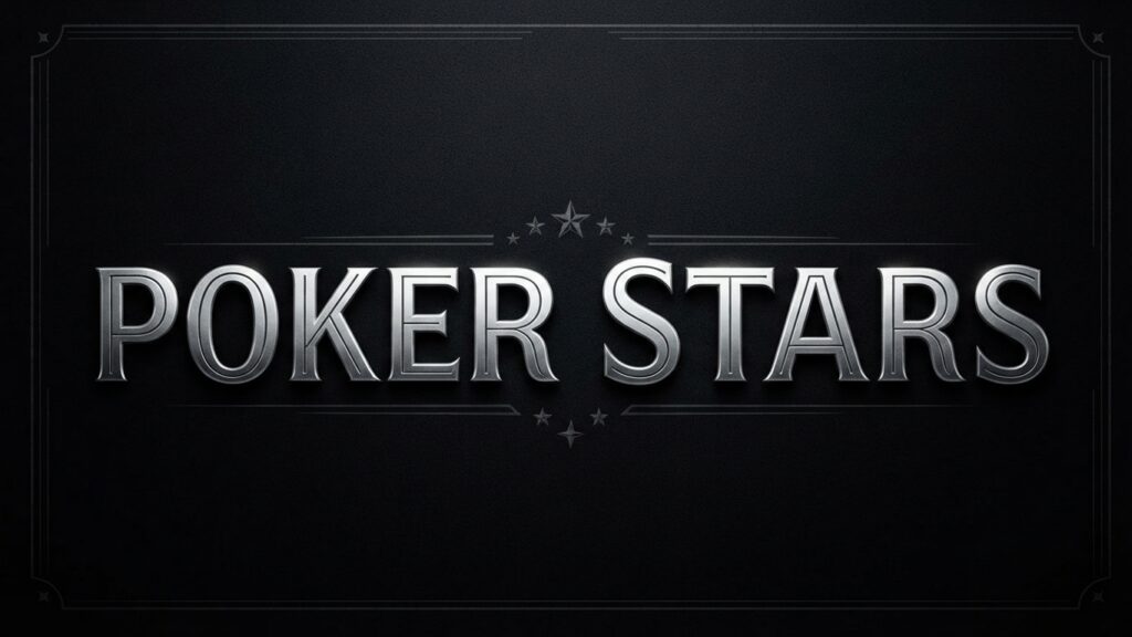 A detailed illustration of a premium, embossed silver-chrome logo for "POKER STARS," centered on a rich, textured dark black background with subtle decorative borders and small star motifs.