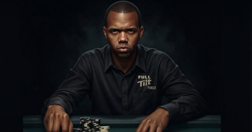 A detailed illustration of an African American man in a black button-down shirt sitting at a dark green felt poker table. He is looking directly at the camera with a serious, intense expression. A stack of black and white poker chips is in front of him. The text "FULL Tilt POKER" is embroidered on his shirt pocket. The background is dark and moody.
