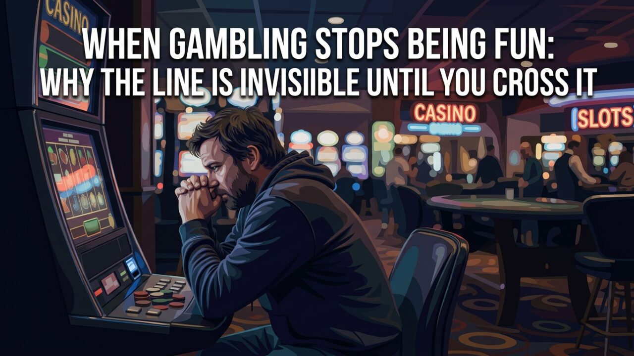 A dark vector illustration of a thoughtful man sitting in front of a slot machine in a casino, representing problem gambling.