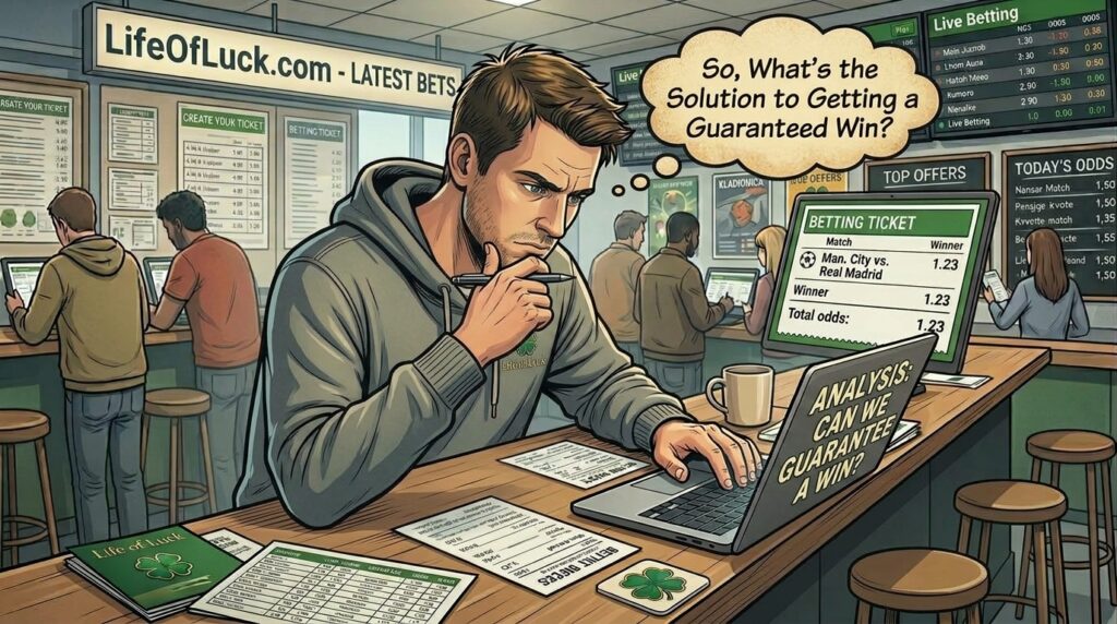 Illustration of a man at a laptop in a LifeOfLuck sports betting cafe, with a speech bubble asking: So, What's the Solution to Getting a Guaranteed Win?