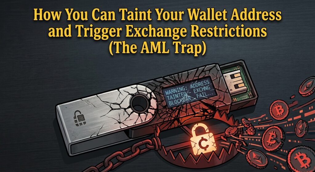 Illustration of a fractured crypto hardware wallet caught in a bear trap with spilling coins, representing tainted wallet addresses and AML exchange restrictions.