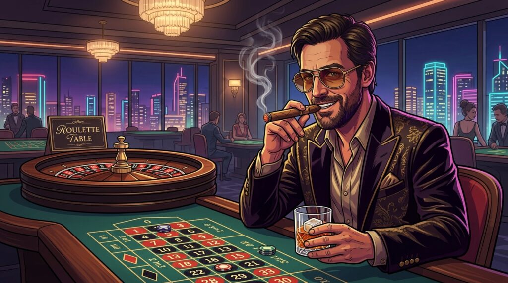A dark vector illustration of a confident, elegantly dressed man with sunglasses smoking a cigar and holding a whiskey glass at a luxury casino roulette table. Lifeofluck