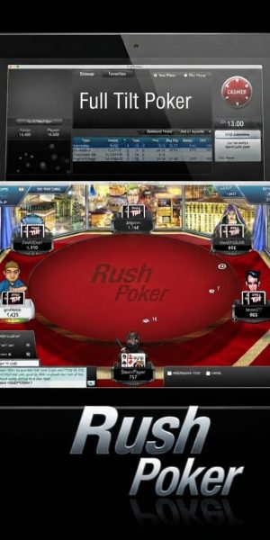 A high quality photo of a black tablet computer against a dark, reflective background. The tablet screen displays the Full Tilt Poker Rush Poker software lobby and a live, six max poker table with avatars and cards. Below the tablet, the words 'Rush Poker' are rendered in a large, metallic, 3D font.